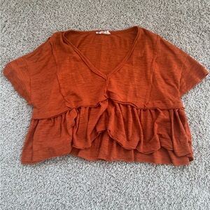 Rust Ruffled V-Neck Cropped Short Sleeve Top